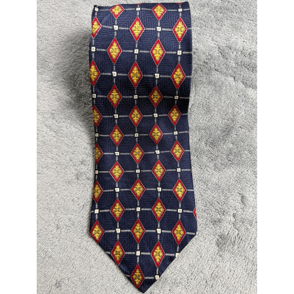 Umberto Bossi Mens Silk Tie Navy Blue Red Geometric Diamond Handmade Italy